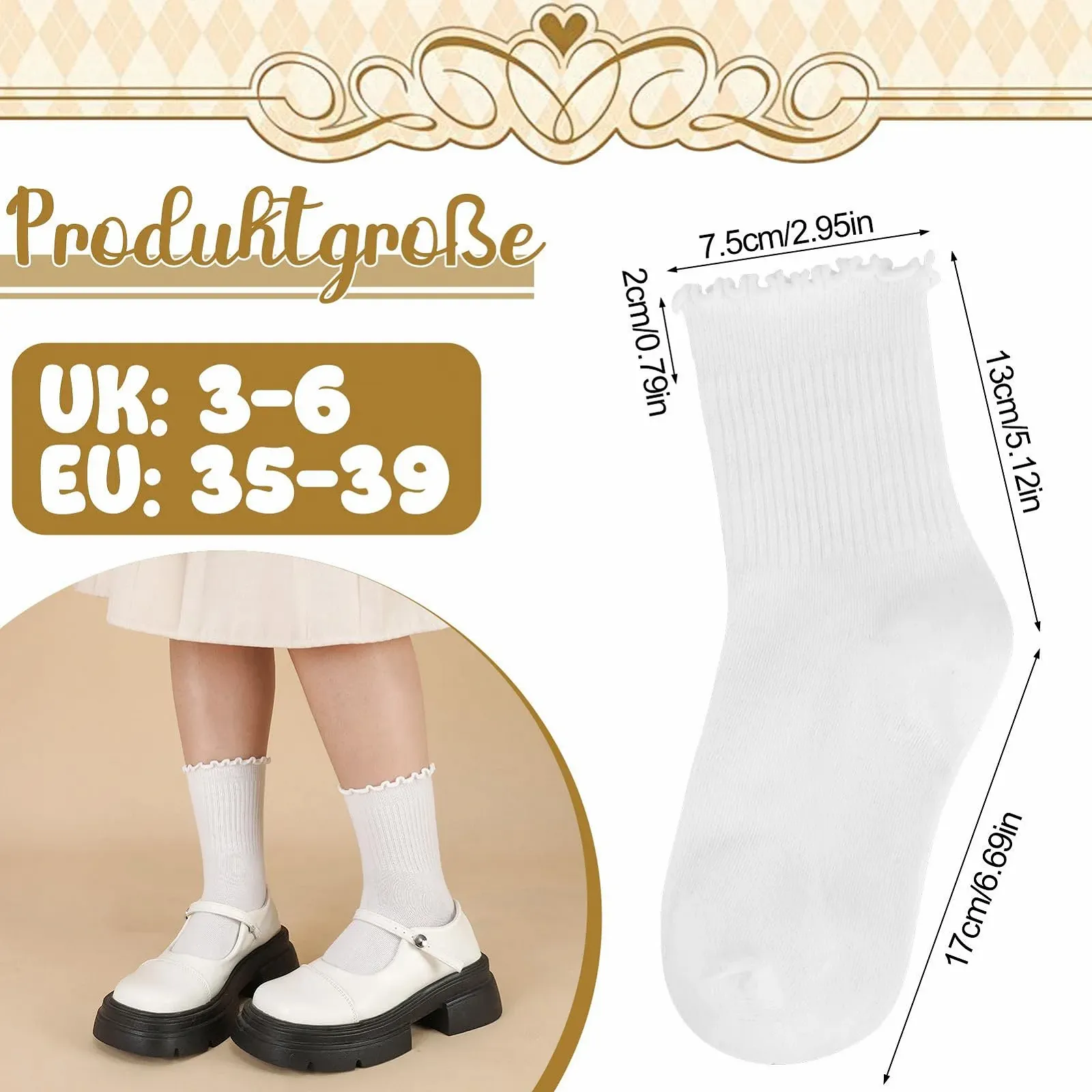Носки с рюшами, 6 пар, хлопковые носки с рюшами, мягкие дышащие носки, белые, размер 35-39, фото №2