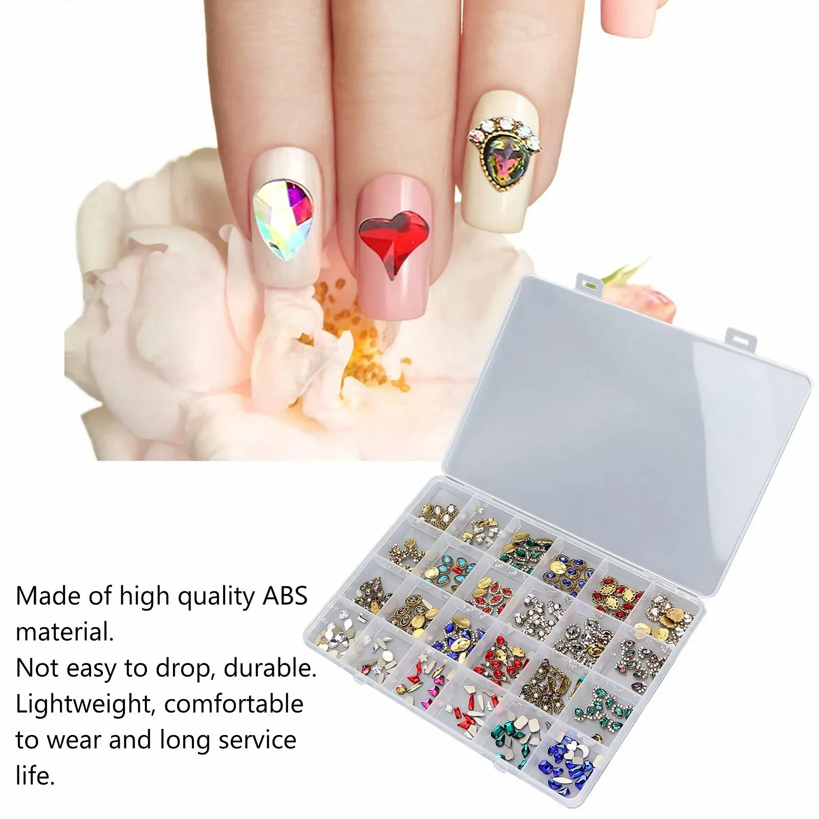 Стрази для нігтів з коробкою, 24 шт, різнокольоровіS, різні форми, фото №2