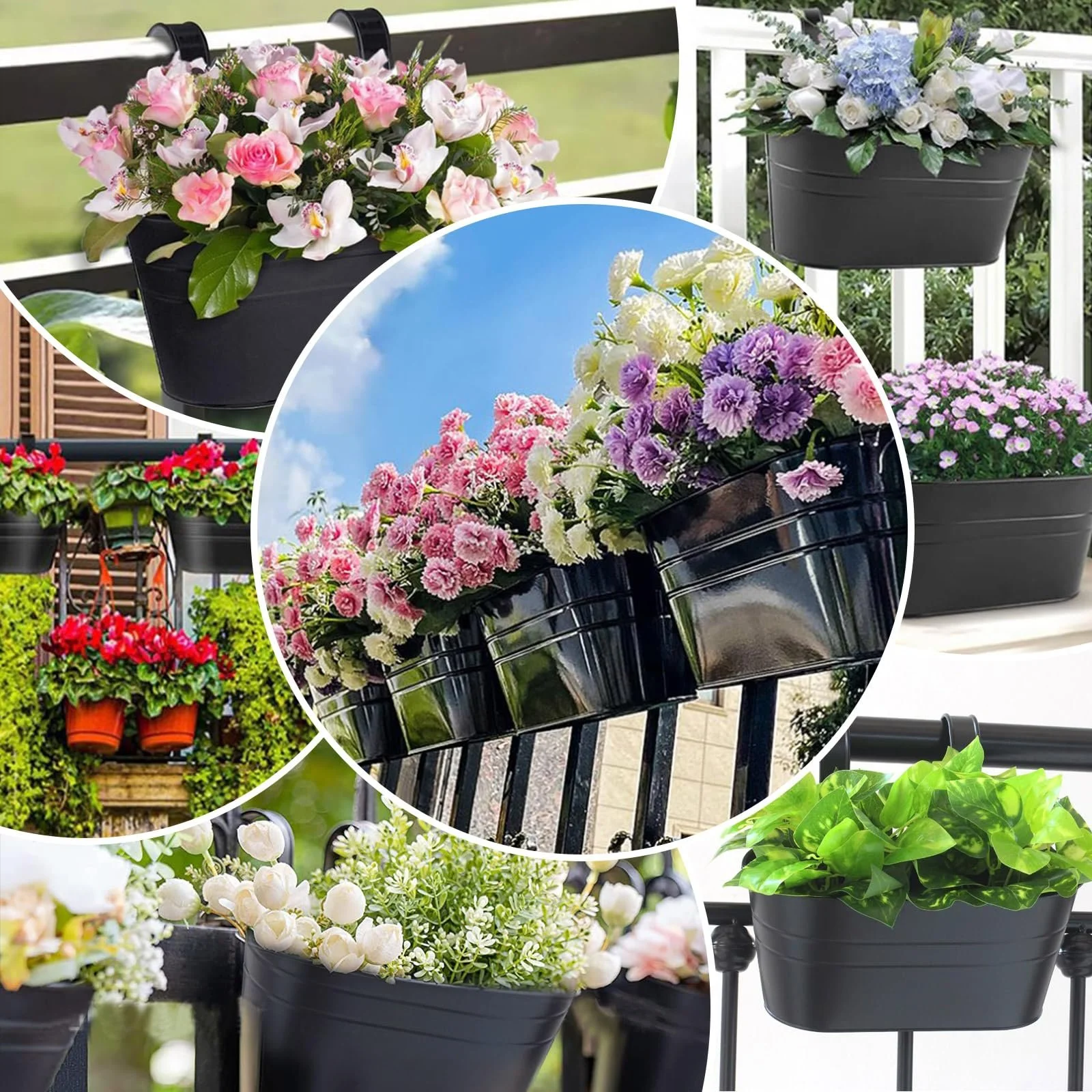 Набір підвісних квіткових горщиків (4 шт.) Метал З дренажним отвором та знімним гачком Чорний, фото №7