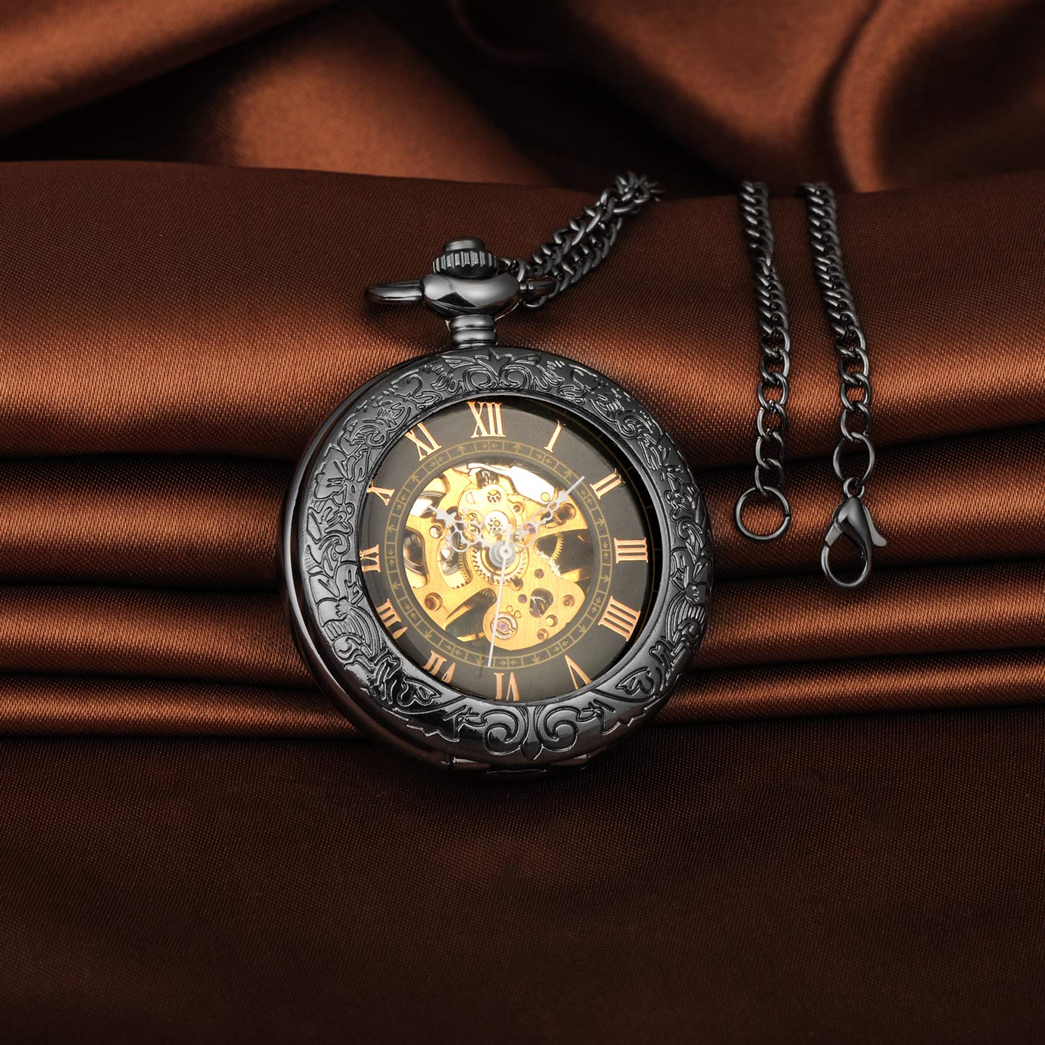 Кишеньковий годинник Unendlich U Retro Hand-Winding Mechanical з римськими цифрами і ланцюжком чорний, фото №5