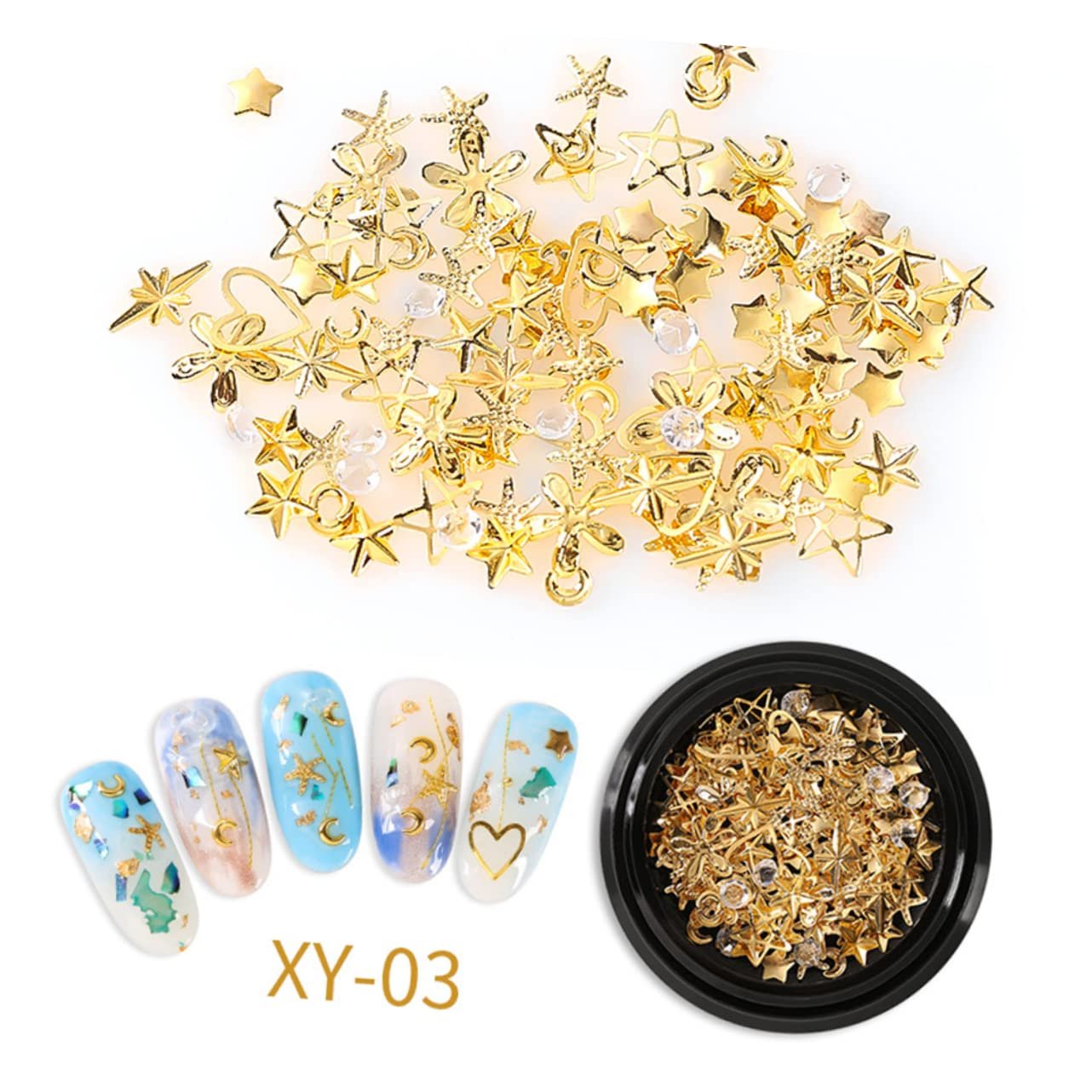 Украшение для ногтей minkissy, 5 шт., золотые заклепки, набор ювелирных изделий для ногтей, хлопья, блестки, бриллианты, стразы, луна, звезда, подвески, шармы, стразы, фото №5