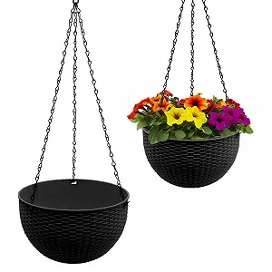 Набор подвесных кашпо (2 шт.) Плетеное (под ротанг) 23 см Пластик С металлической цепью Антрацит - Фото 1