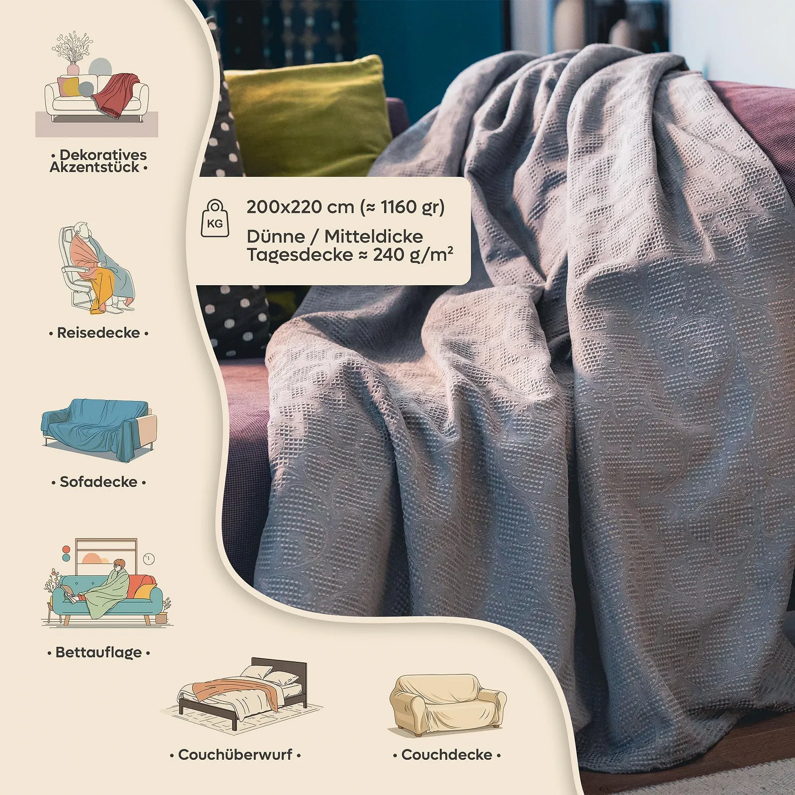 Покривало Loomvia 200 x 220 см, 80% бавовни, 20% бамбука, вафельний вигляд, антрацит, фото №3