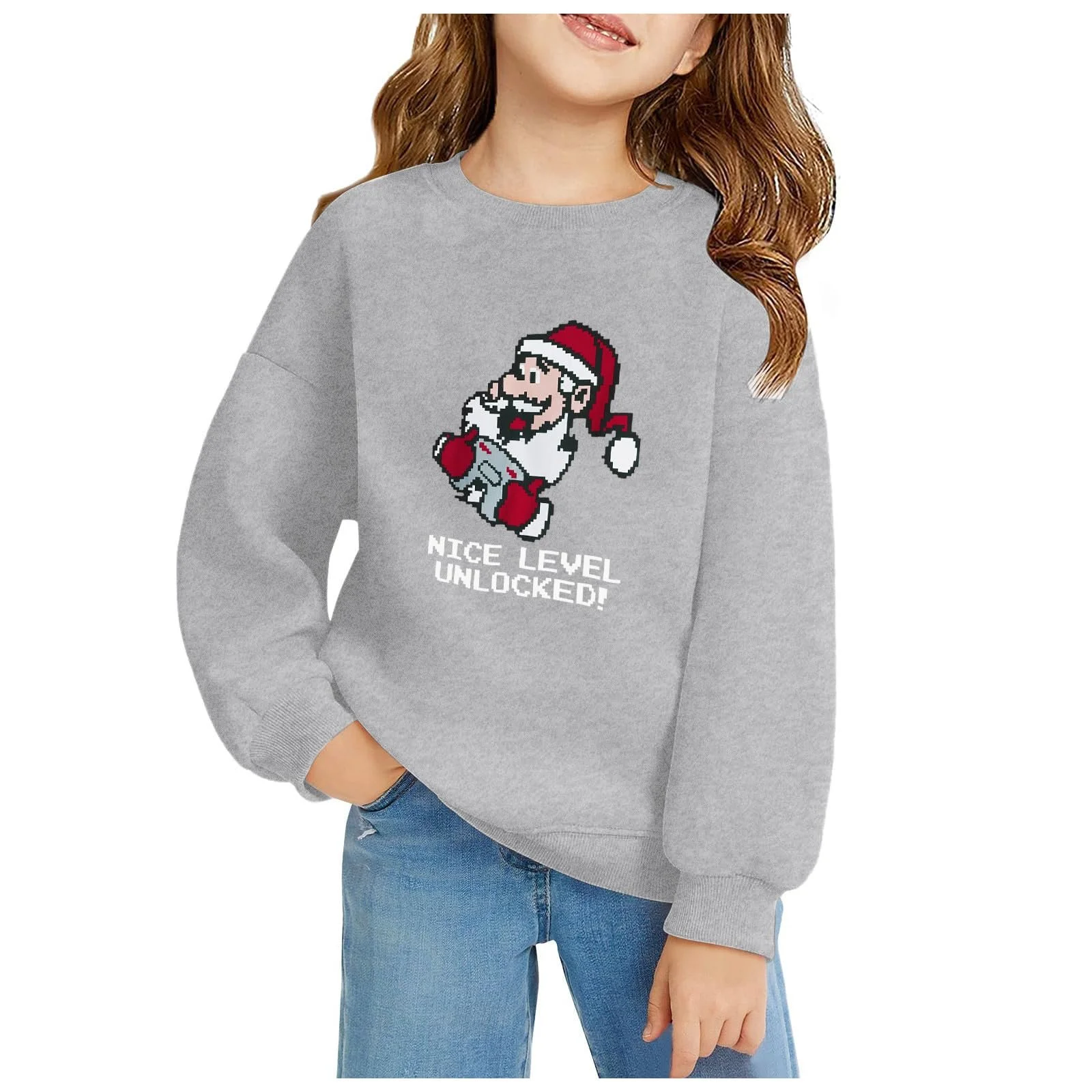 Свитшот для девочки 140 - Рождественский пуловер с круглым вырезом и принтом Санты, с длинными рукавами, фото №2