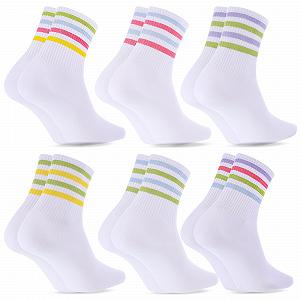 Женские теннисные носки 6 пар, хлопковые носки, спортивные носки, высокие носки в полоску, белые носки для спорта, тенниса, цветные полоски - Фото 1