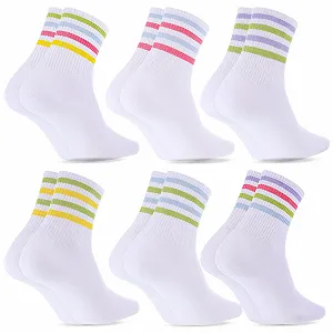 Женские теннисные носки 6 пар, хлопковые носки, спортивные носки, высокие носки в полоску, белые носки для спорта, тенниса, цветные полоски - Фото 1