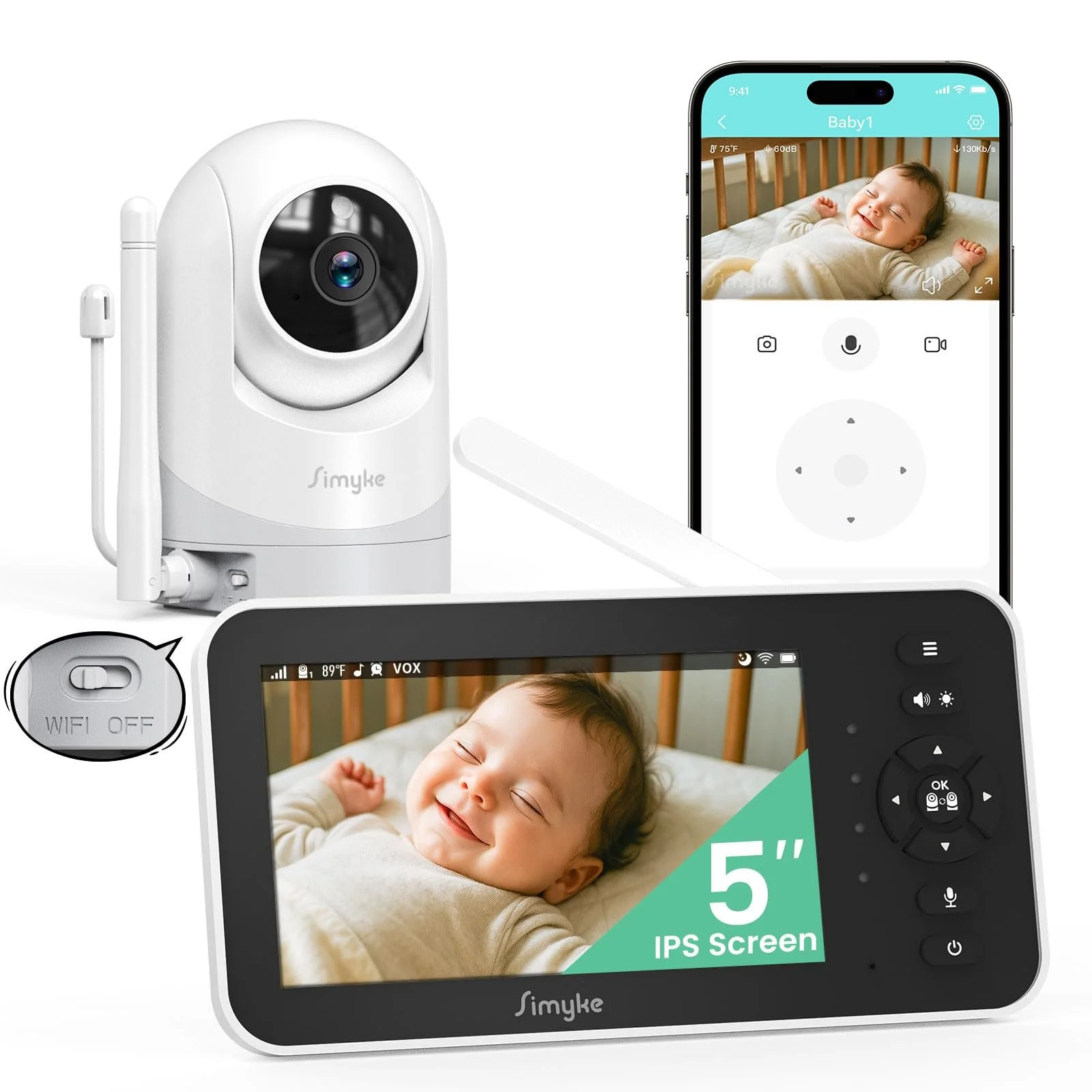 Видеоняня Simyke BME50P 5 дюймов 720P Pan Tilt Zoom, фото №1 Видеоняня Simyke BME50P 5 дюймов 720P Pan Tilt Zoom, фото №1