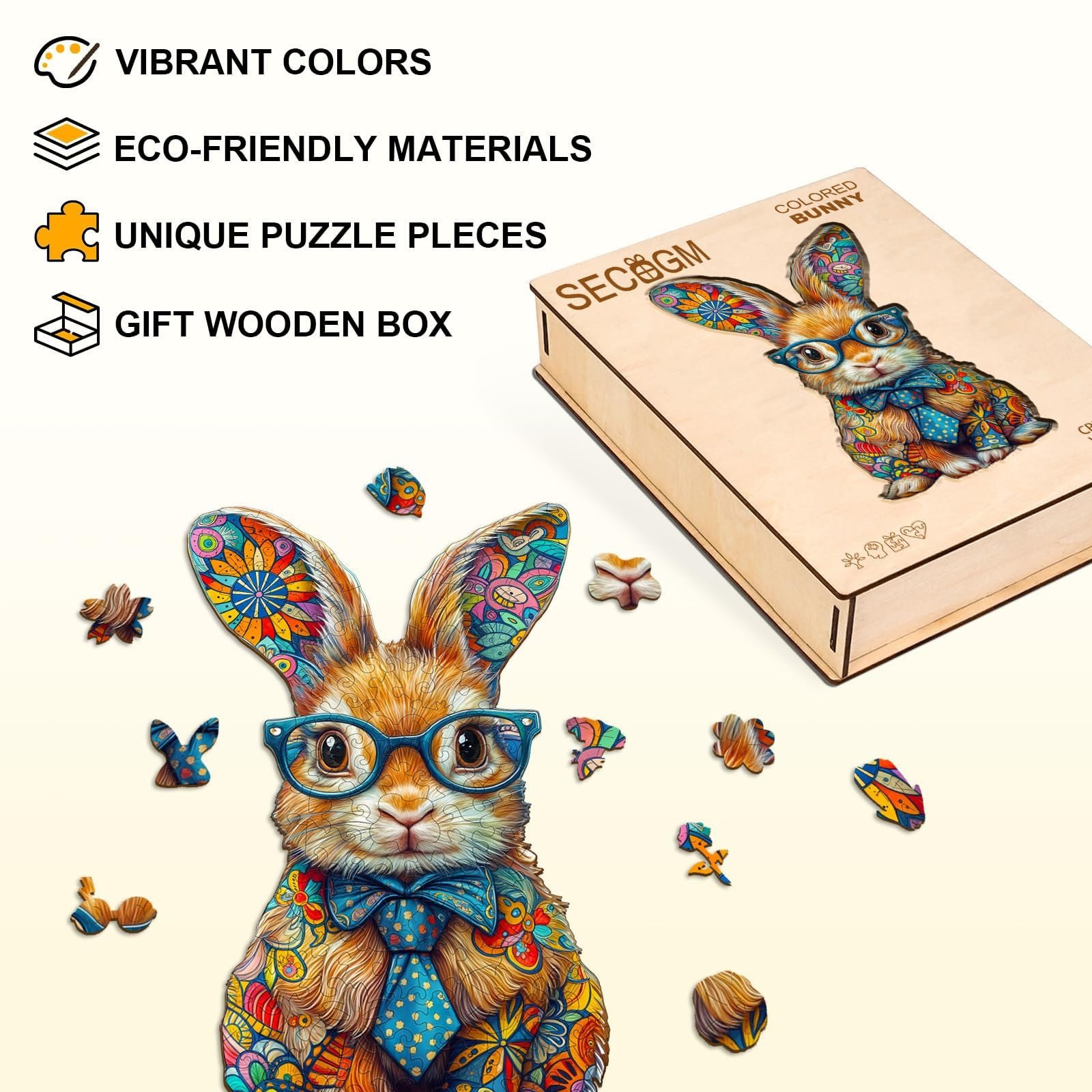 Дерев'яний пазл SECOGM Кольоровий кролик 100 елементів 21,5 x 21,5 см нерегулярної форми Подарункова коробка, фото №7 Дерев'яний пазл SECOGM Кольоровий кролик 100 елементів 21,5 x 21,5 см нерегулярної форми Подарункова коробка, фото №7