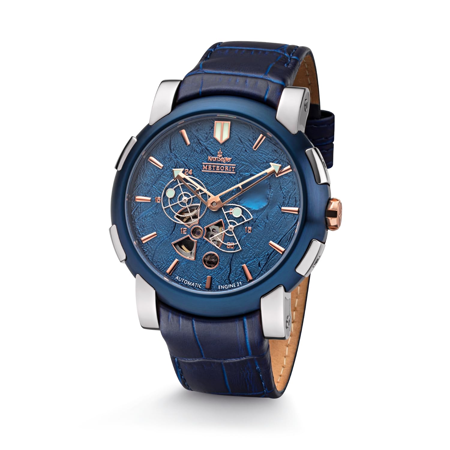 Чоловічий годинник Kronsegler Meteorite автоматичний з шкіряним ремінцем синій/синій обмежена серія з метеоритом, фото №4