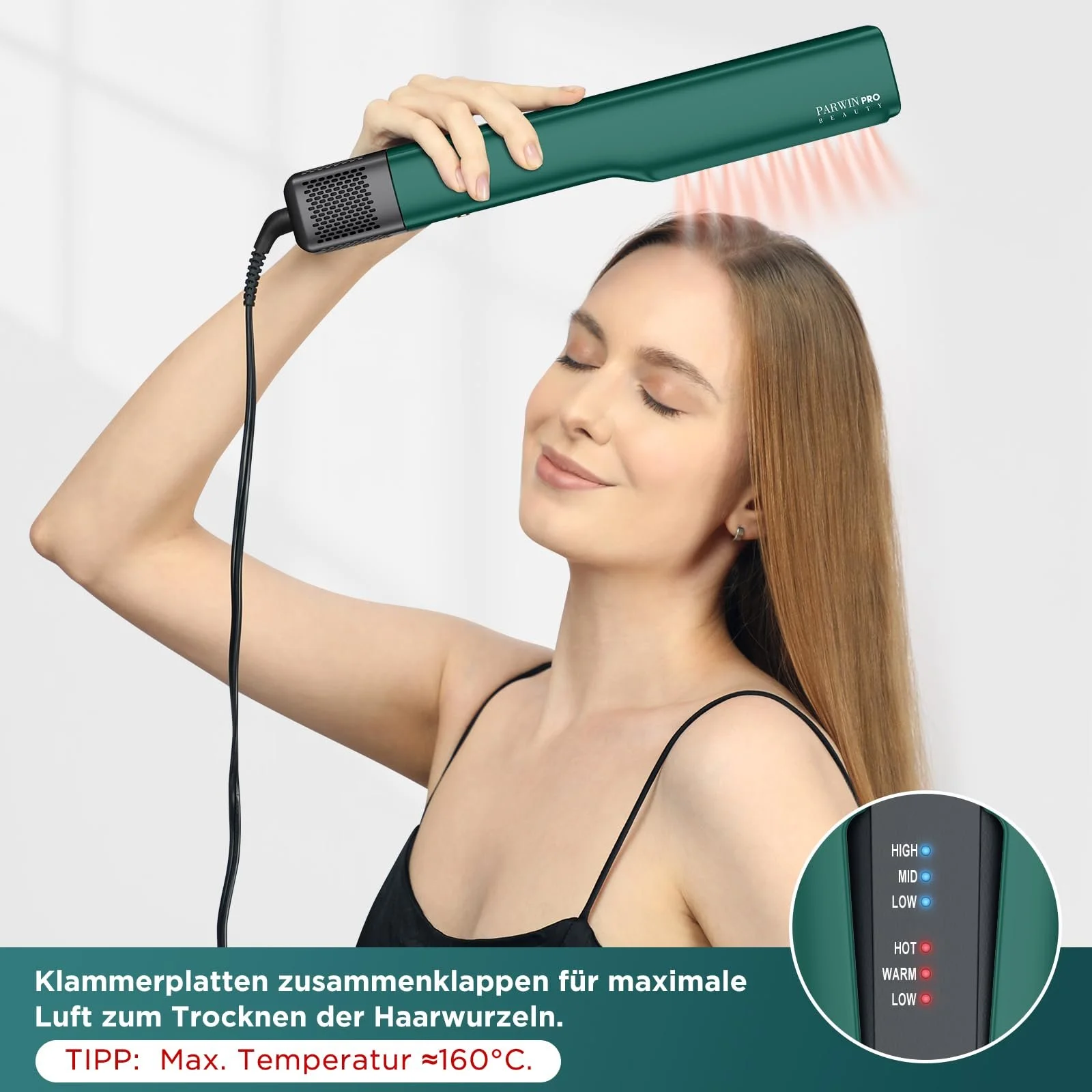 Воздушный выпрямитель PARWIN PRO BEAUTY Ion Air Straighteners Wet to Dry 160 °C 1200 Вт Темно-зеленый, фото №4 Воздушный выпрямитель PARWIN PRO BEAUTY Ion Air Straighteners Wet to Dry 160 °C 1200 Вт Темно-зеленый, фото №4