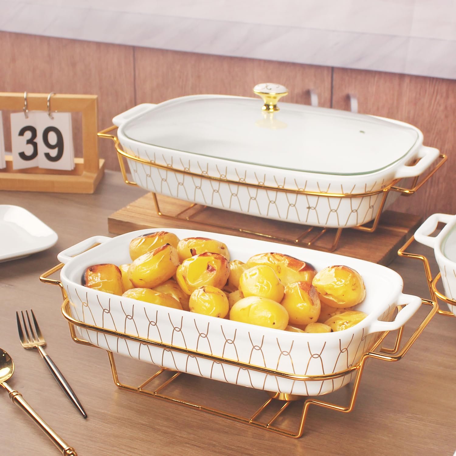 Форма для запекания фарфоровая овальная со стеклянной крышкой и подставкой 1600 мл, фото №4