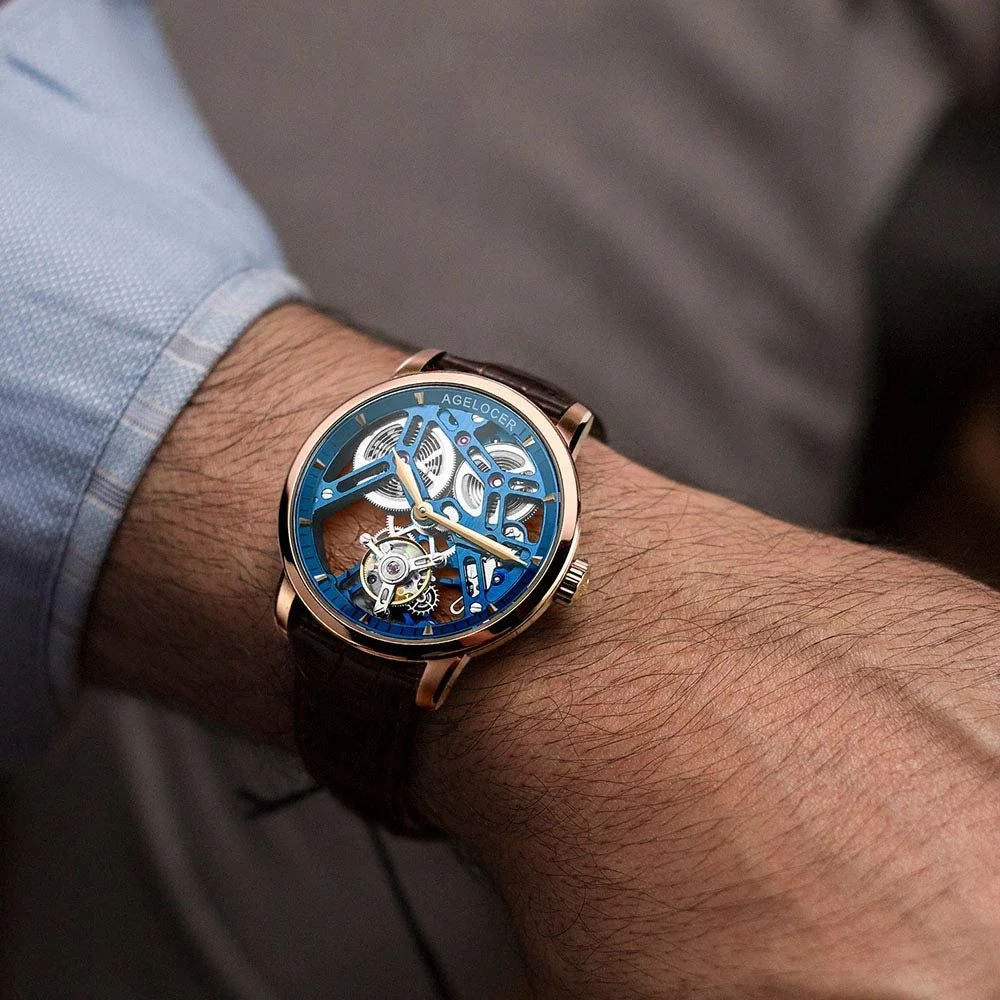 Мужские механические часы с турбийоном Agelocer с двухсторонним полым корпусом и кожаным ремешком (RI:9004A1), фото №7 Мужские механические часы с турбийоном Agelocer с двухсторонним полым корпусом и кожаным ремешком (RI:9004A1), фото №7