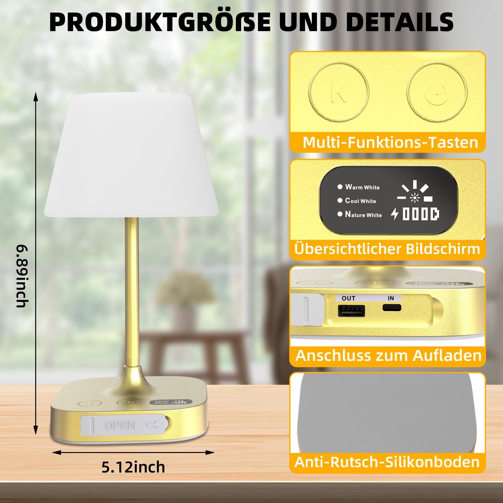 Настільна лампа Акумуляторна USB/Type-C 8000 мАг IP55 LED Бездротова Портативна, фото №3