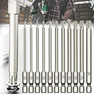 Набор отверток Mikqky 11 Torx Long 100 мм 1/4 дюйма 1.7-6.65 мм (T6, T7, T8, T9, T10, T15, T20, T25, T27, T30, T40) Магнитный - Фото 1