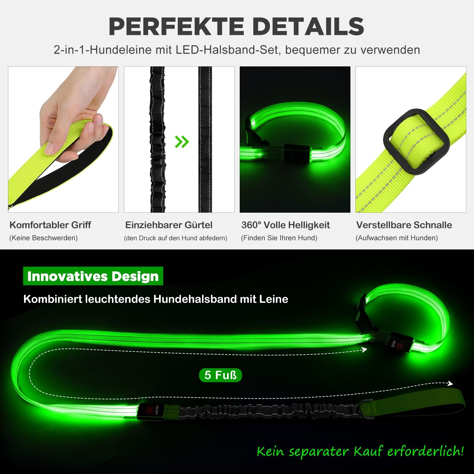 Набір нашийник з підсвічуванням та LED повідець 2-in-1 Type C 500 м Green, M, фото №5 Набір нашийник з підсвічуванням та LED повідець 2-in-1 Type C 500 м Green, M, фото №5