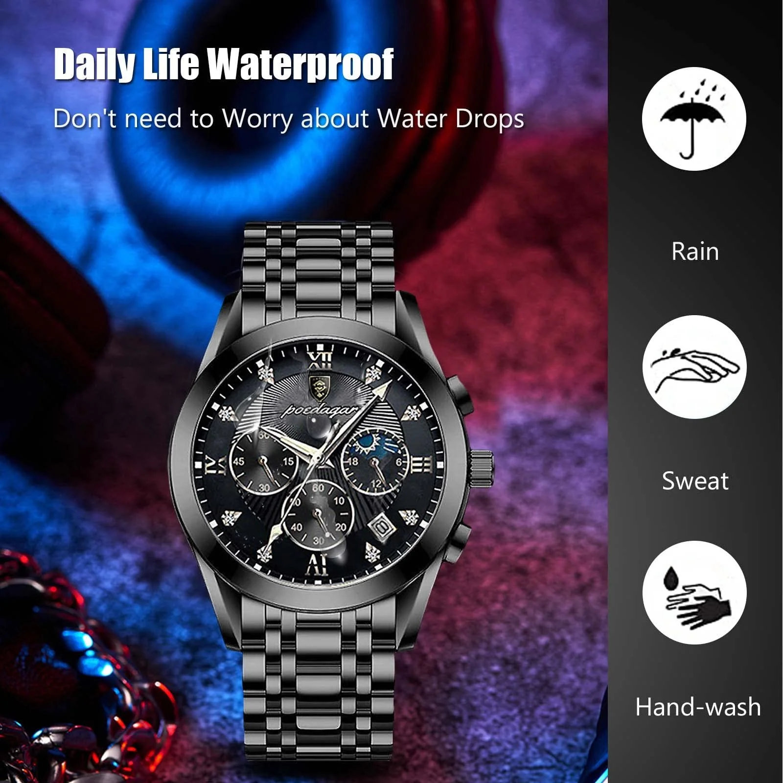 Мужские часы Rorios Кварцевые аналоговые с кожаным ремешком Водонепроницаемые с календарем Хронограф, фото №4