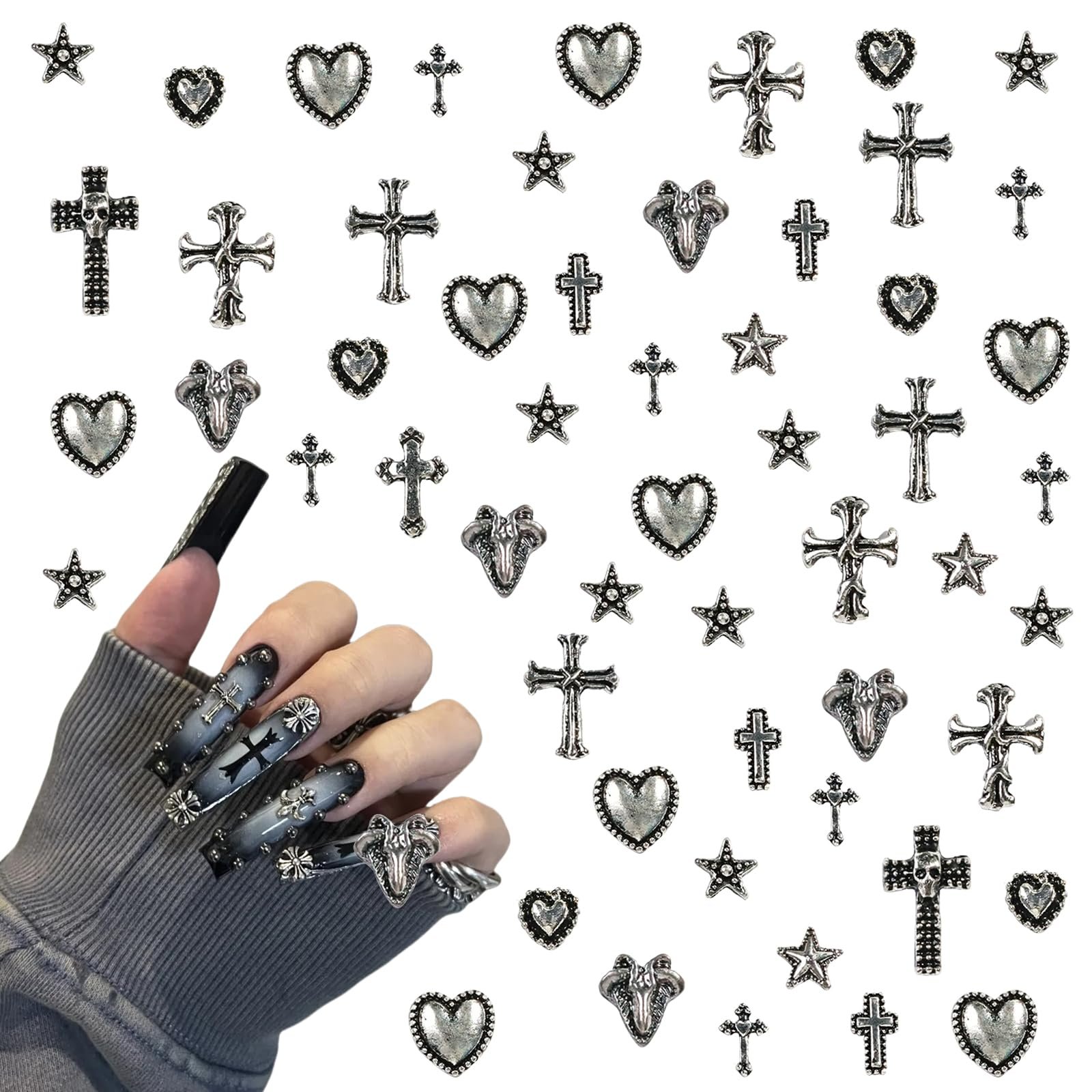 Подвески для ногтей в виде крестиков, набор 120 шт. Винтажные украшения для ногтей, 3D сплав, готика, ретро, панк, сердца, звезды, драгоценные камни для ногтей для женщин, девушек, DIY ювелирные изделия и аксессуары (A), фото №1