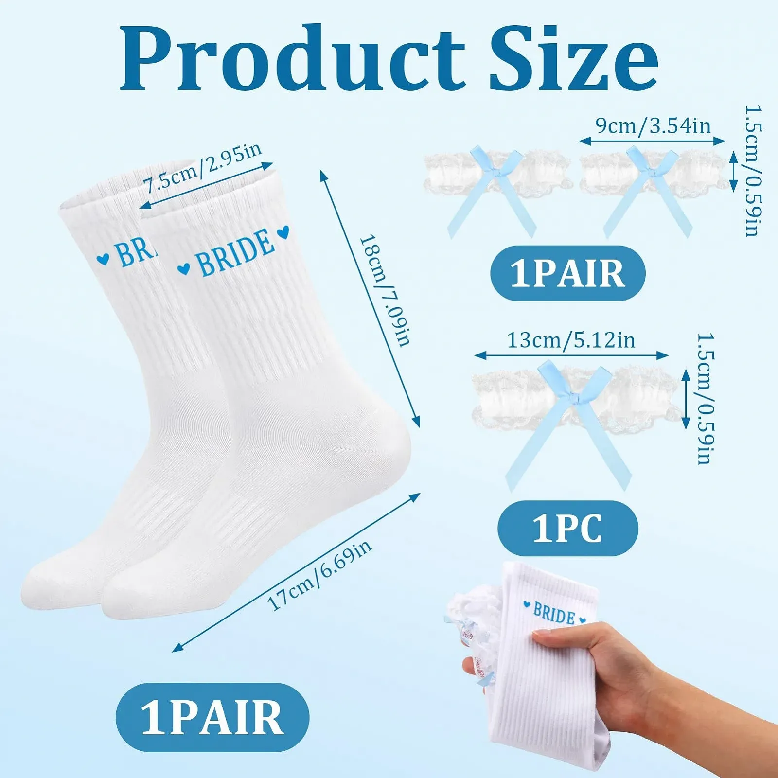 Свадебные носки (4 пары) Голубые, белые; Белая подвязка; Кружевные рукава с бантом; Эластичные кружевные свадебные носки, фото №2
