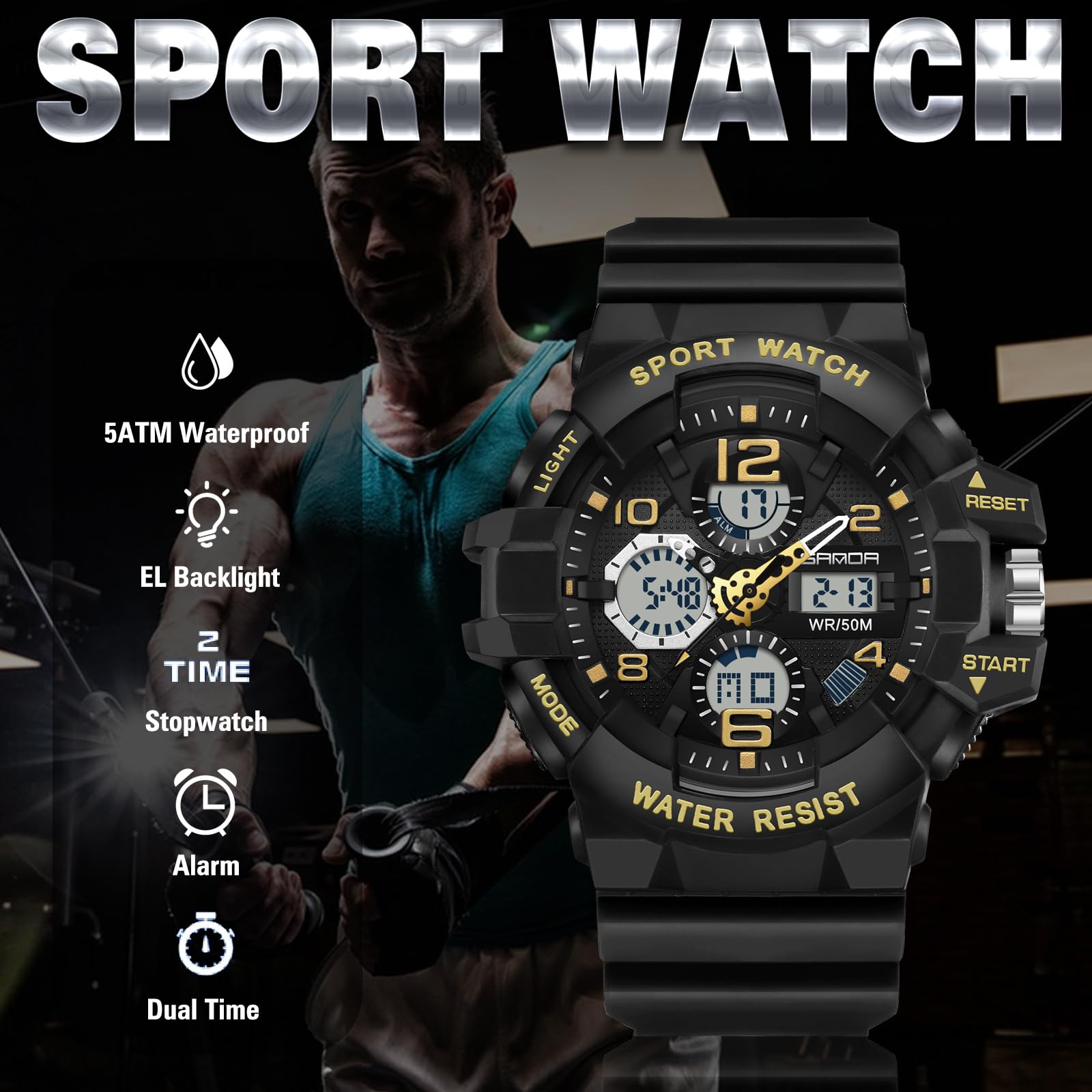 Годинник findtime Digital Men's Military Outdoor Stopwatch 50m Waterproof Two Time Zones Light Alarm Clock Tactical, фото №7 Годинник findtime Digital Men's Military Outdoor Stopwatch 50m Waterproof Two Time Zones Light Alarm Clock Tactical, фото №7