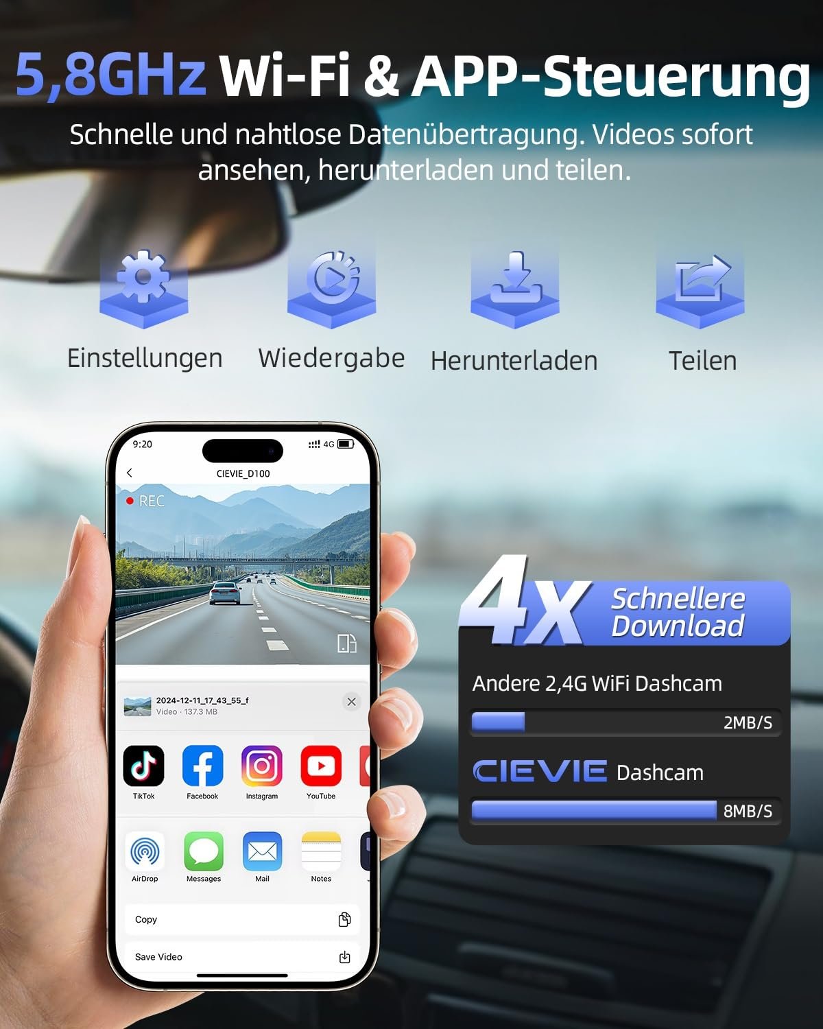 Відеореєстратор CIEVIE 4K + 1080P передня і задня камери з картою SD 64GB, 5GHz WiFi, дисплей 1.5 дюйми IPS, кут огляду 170 градусів, G-Sensor, WDR нічне бачення, фото №3