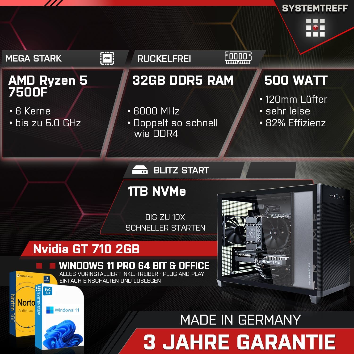 Mini ПК SYSTEMTREFF AMD Ryzen 5 7500F Nvidia GT 710 1TB 32GB Чорний, фото №2