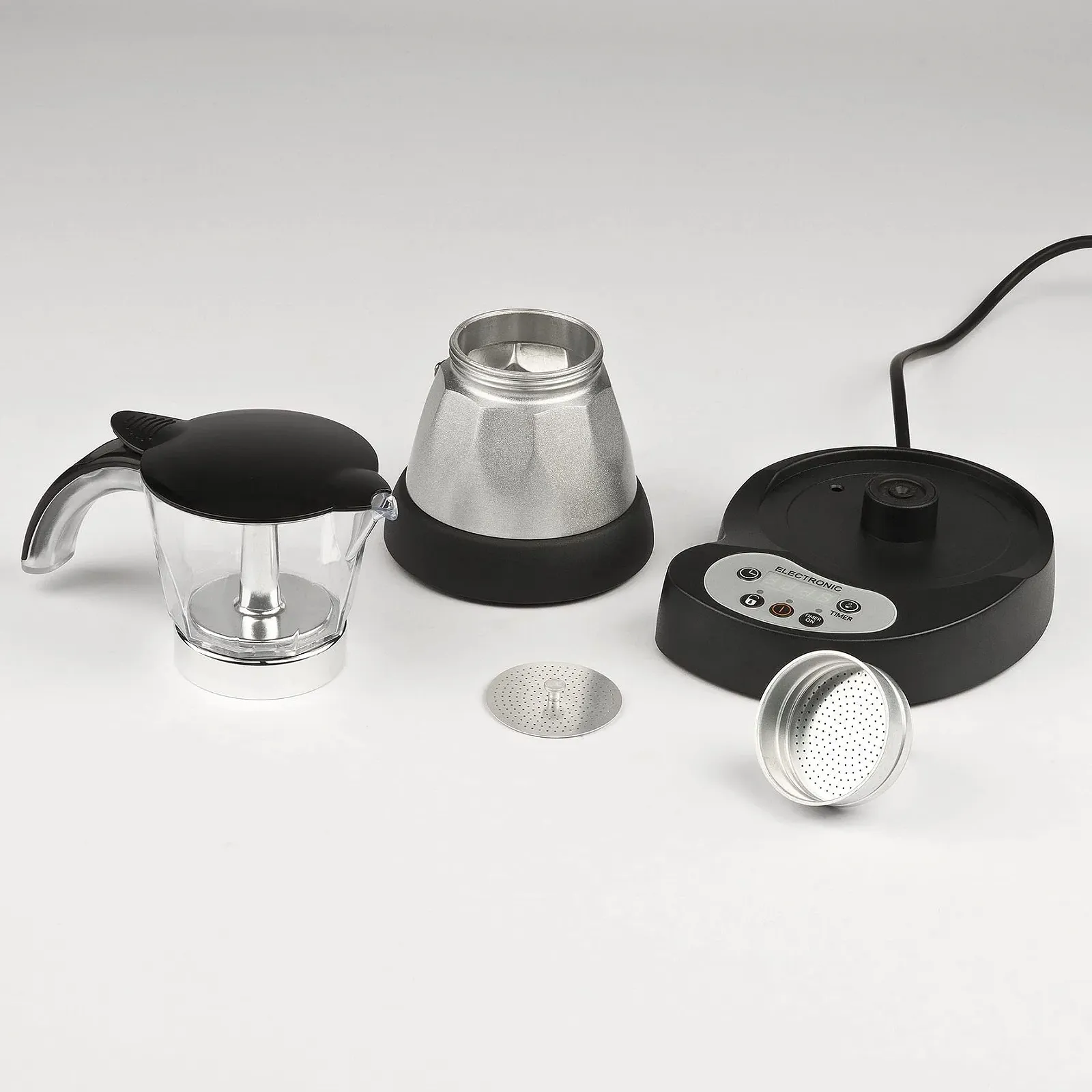 Электрическая гейзерная кофеварка Girmi MC23 400 Вт на 1-3 чашки с таймером Черный/Серебристо-серый, фото №4