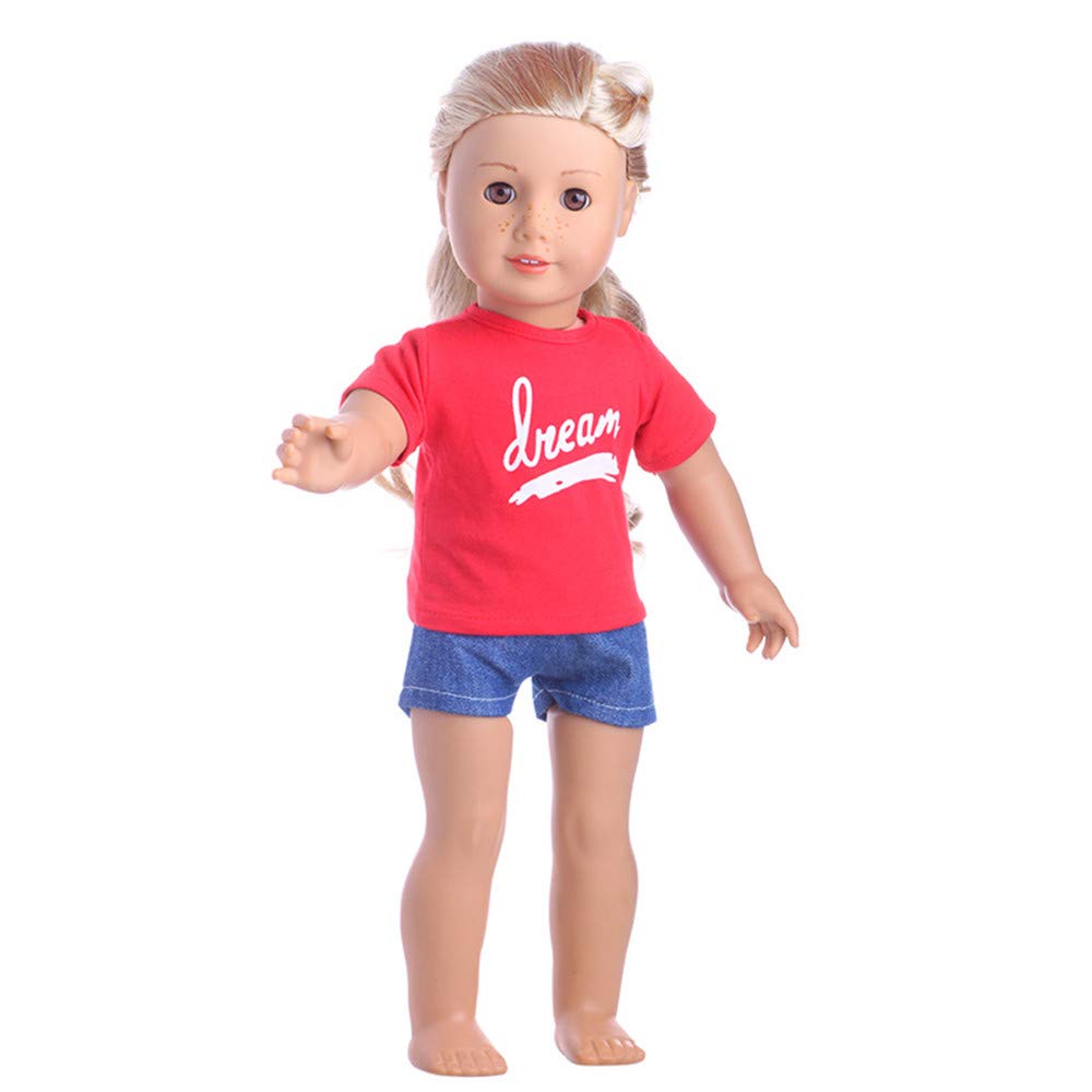 Одежда Uteruik для 18" кукол American Girl Повседневные образы - Красная футболка и короткие джинсы аксессуары костюма 2шт/набор, фото №3