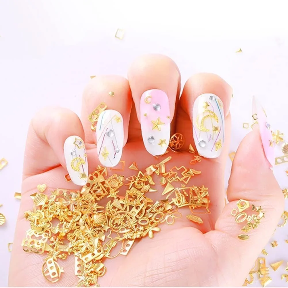 Набор золотых украшений для ногтей, 1 коробка, золотые заклепки для ногтей, блестящие стразы, металлические заклепки, полые луны, звезды, сердца, искусственный жемчуг, 3D украшения для ногтей, фото №2
