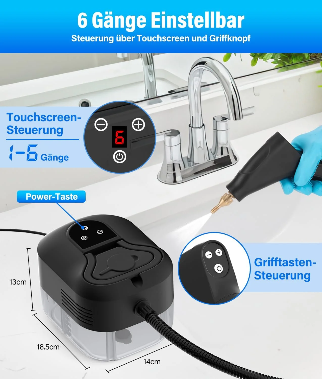 Пароочисник PAHTTO Високотемпературний Побутовий LCD-дисплей Ручка із захистом від опіків Регульований об'єм води Для дому та автомобіля, фото №3