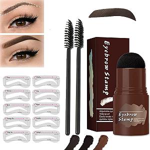 Набір Perfect Brows Stencil & Stamp Один крок Штамп для брів Водостійкий Пудра для брів Шейпінг Набір з 10 багаторазовими трафаретами для брів, 2 пензлі (темно-коричневий) - Фото 1