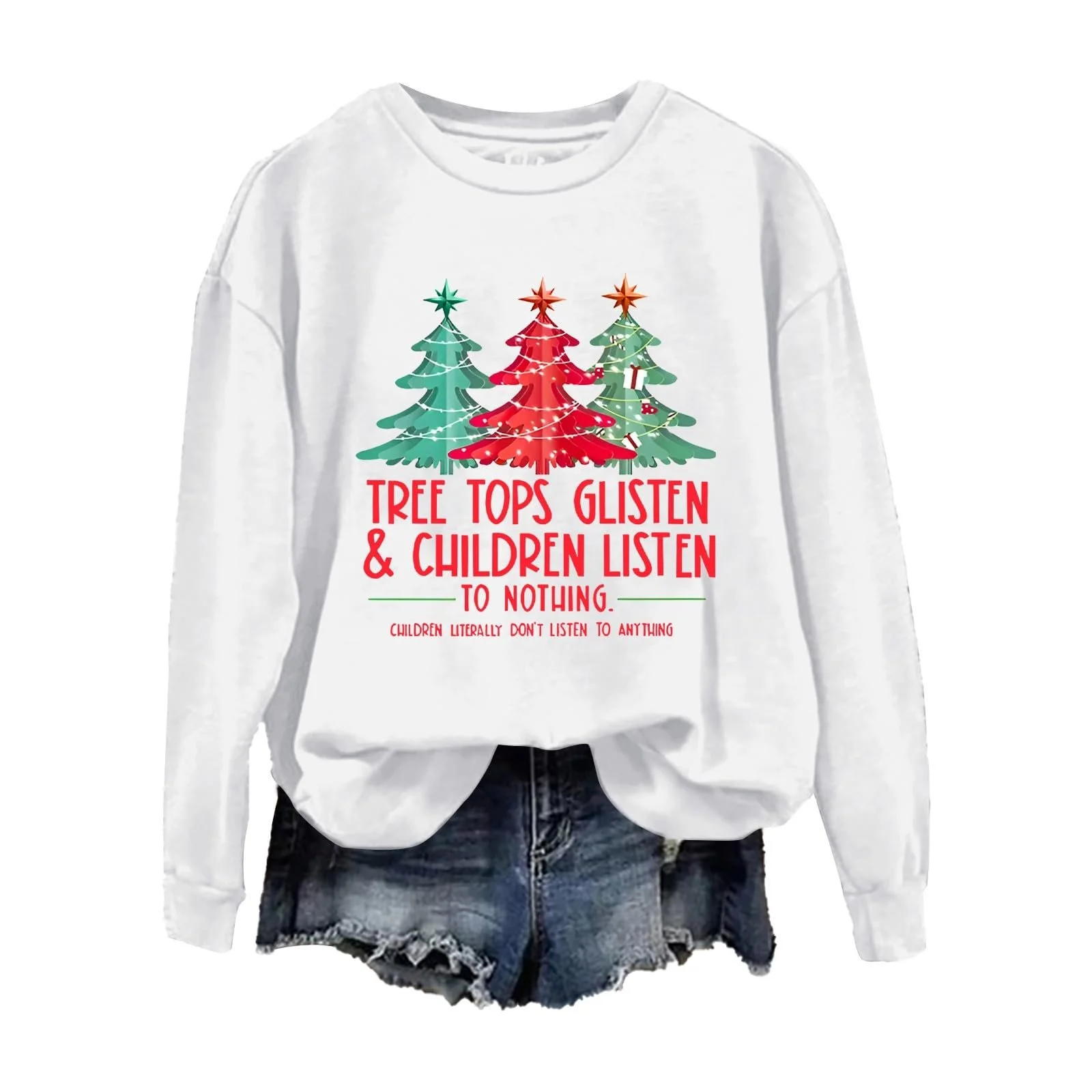 Женский свитшот с принтом Однотонный Рождественский свитшот для женщин Ёлочные вершины блестящие, фото №1