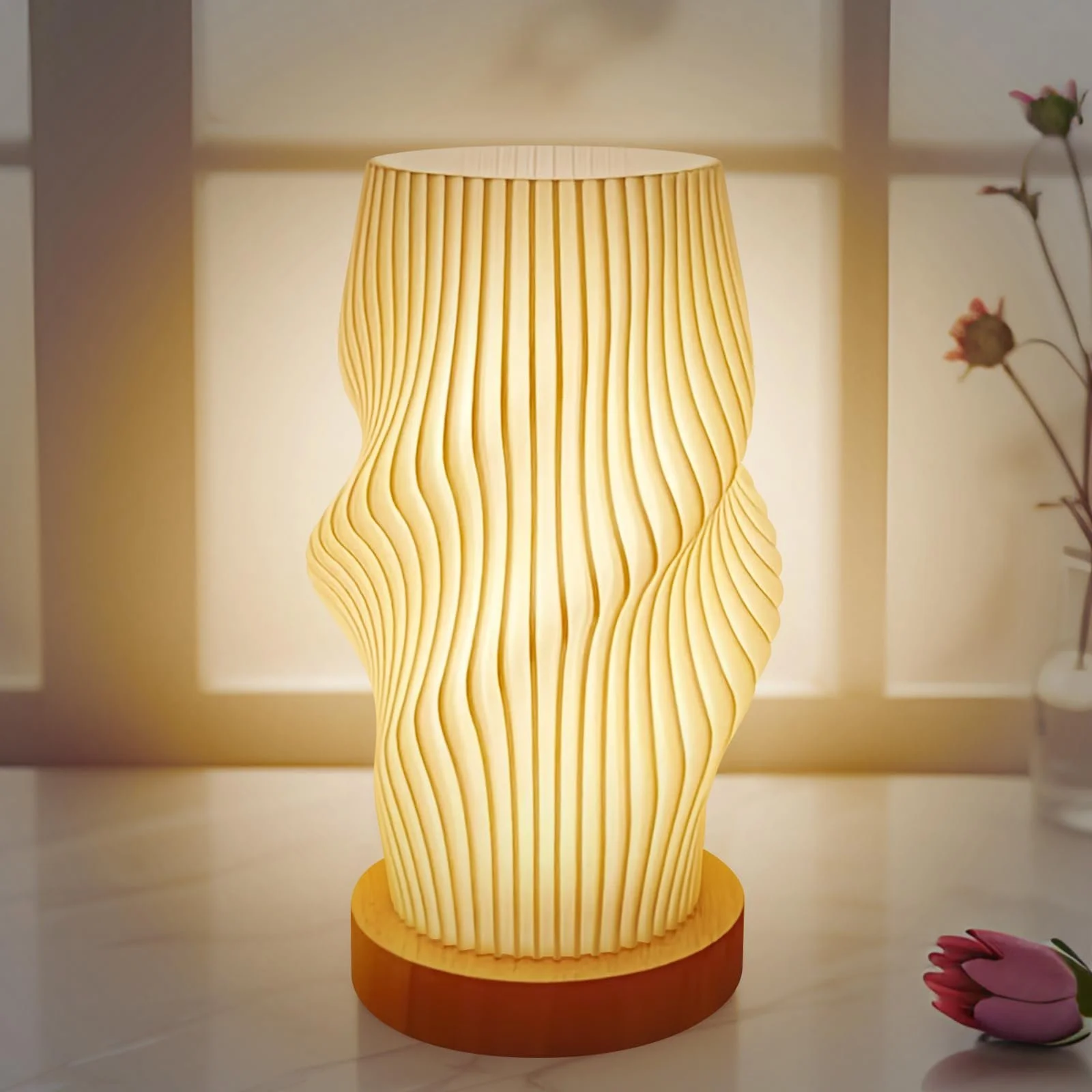 Настільна лампа з дерев'яною основою та плафоном PLA 3D-друк 10 рівнів яскравості USB, фото №1