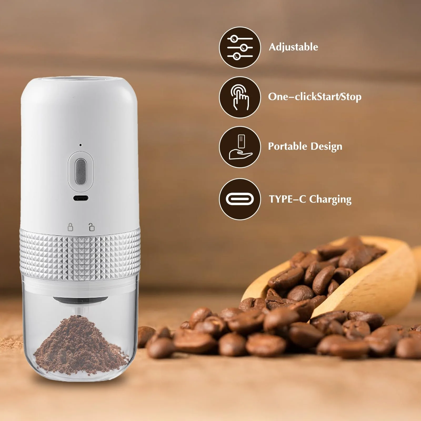 Електрична кавомолка, Портативна бездротова кавомолка з керамічним млином для еспресо, пуроверу та френч-пресу Біла, фото №4