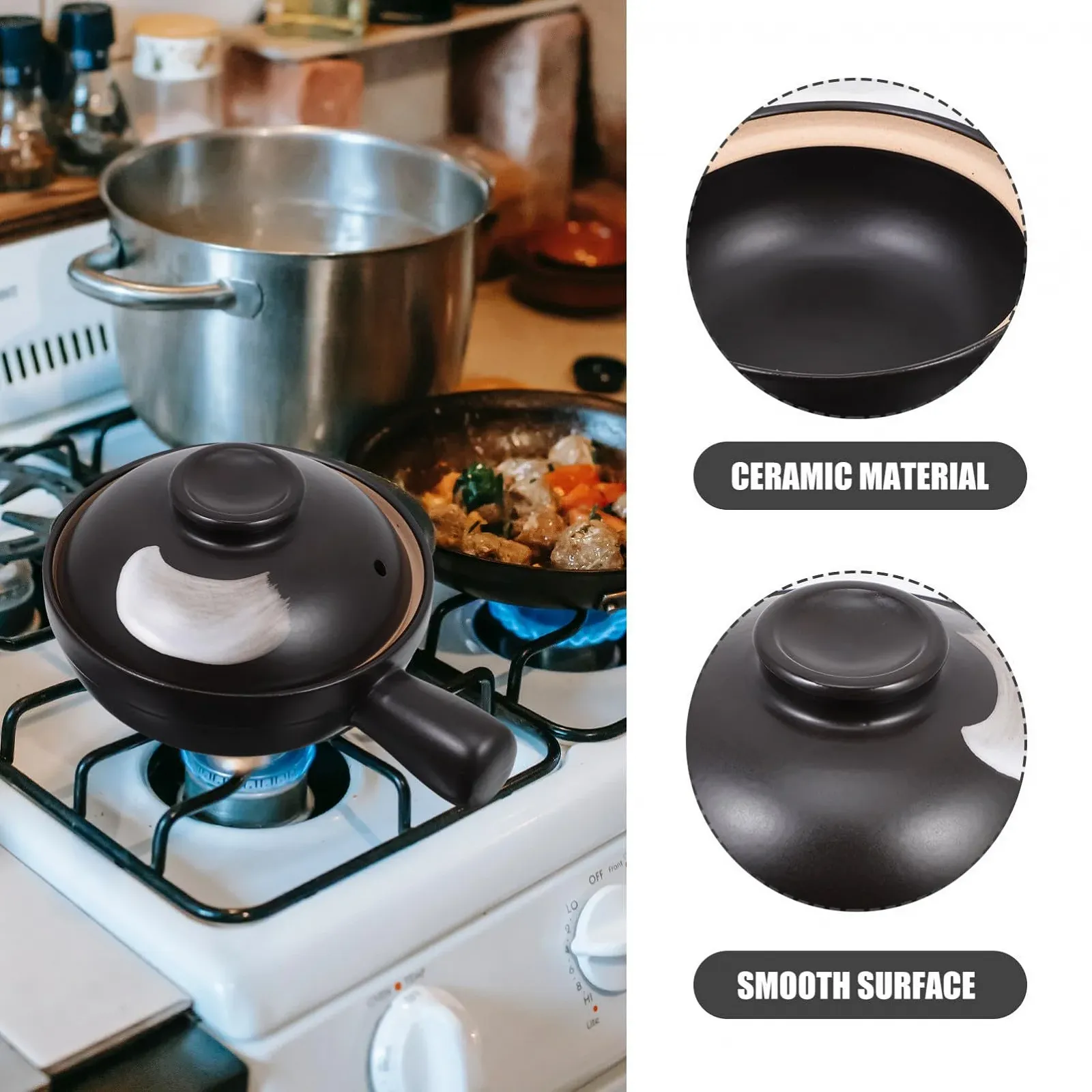 Кастрюля Toyvian с крышкой керамическая из прочного камня для супов и пасты, фото №3