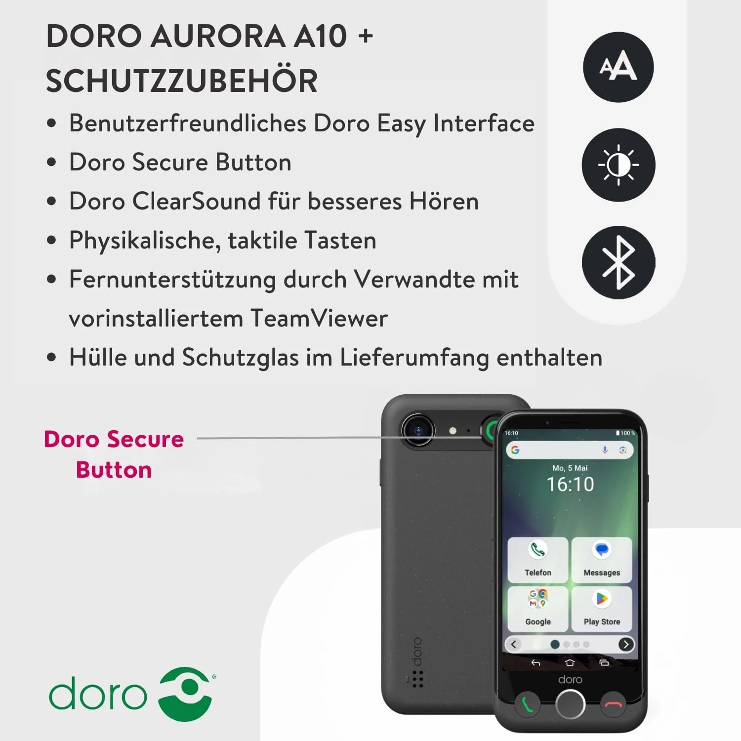 Смартфон Doro Aurora A10 для літніх людей з кнопкою допомоги GPS та бездротовою зарядною станцією Graphite, фото №2 Смартфон Doro Aurora A10 для літніх людей з кнопкою допомоги GPS та бездротовою зарядною станцією Graphite, фото №2