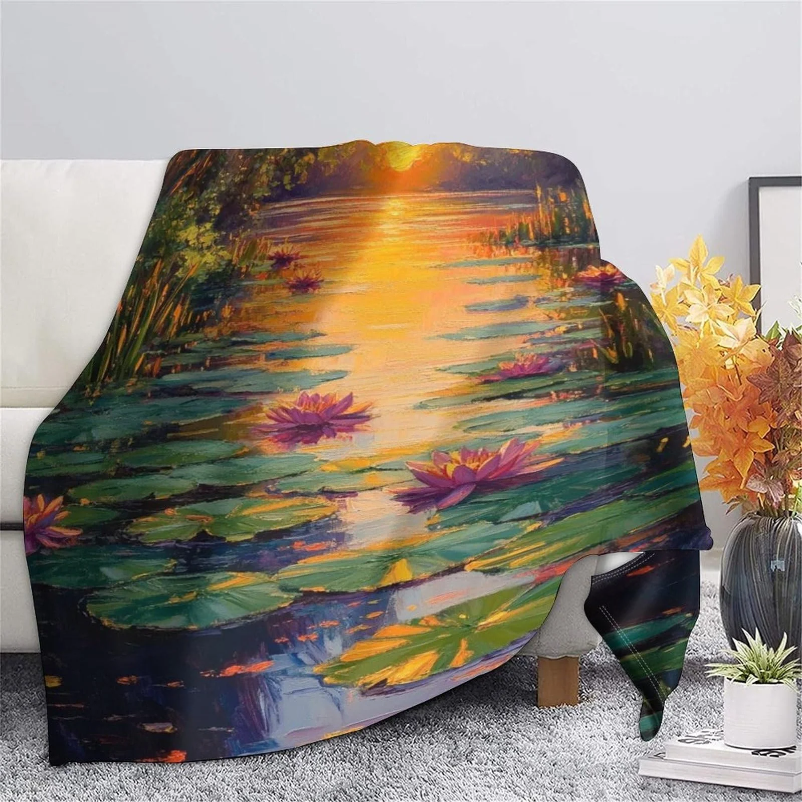 Покривало Serene Pond with Water Lilies Сталевий 3D Мікроволокно, фото №6