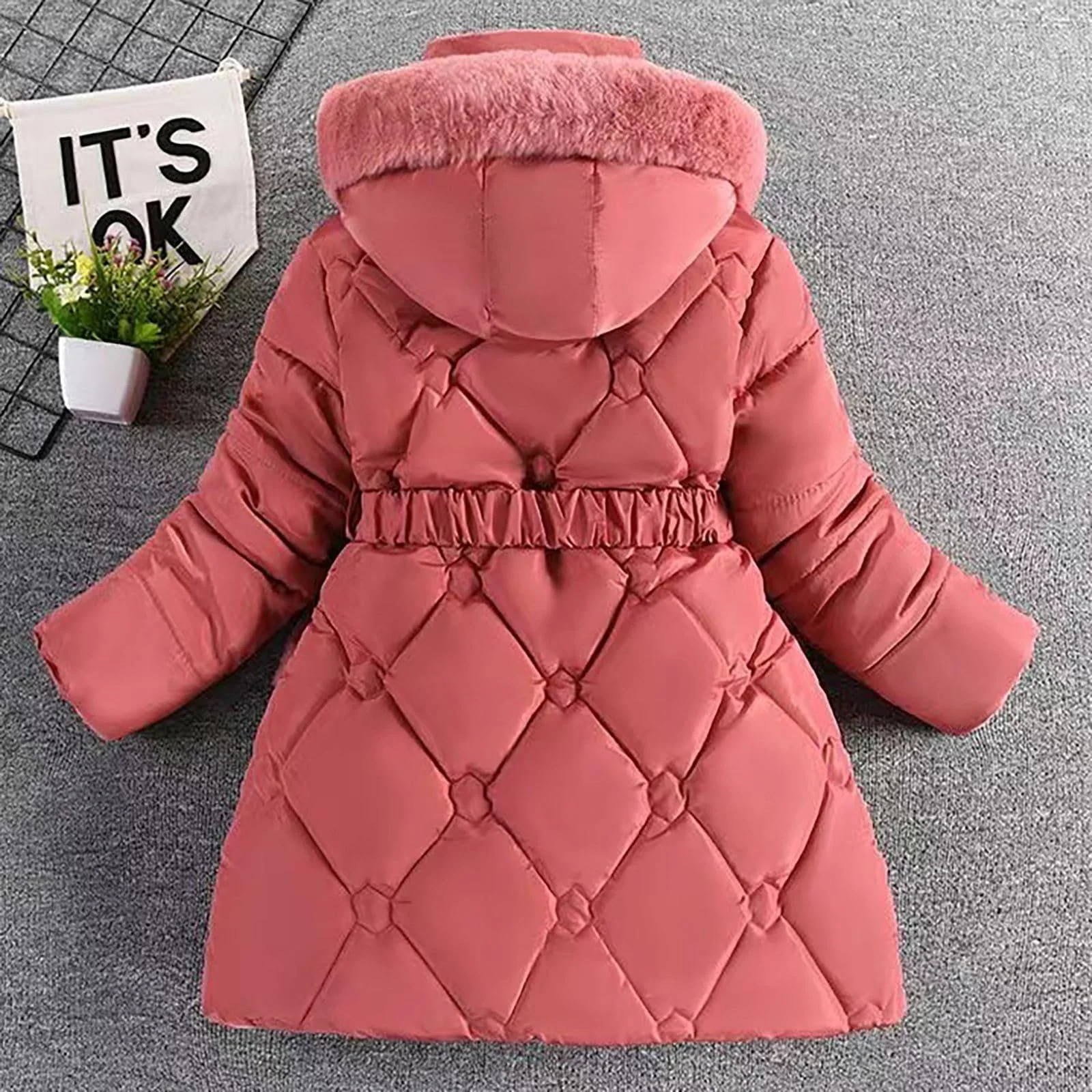 Зимнее пальто Generisch для девочек, длинная куртка софтшелл, ветрозащитная зимняя парка с меховым капюшоном, милая однотонная повседневная куртка-пуховик с застежкой-молнией, фото №4