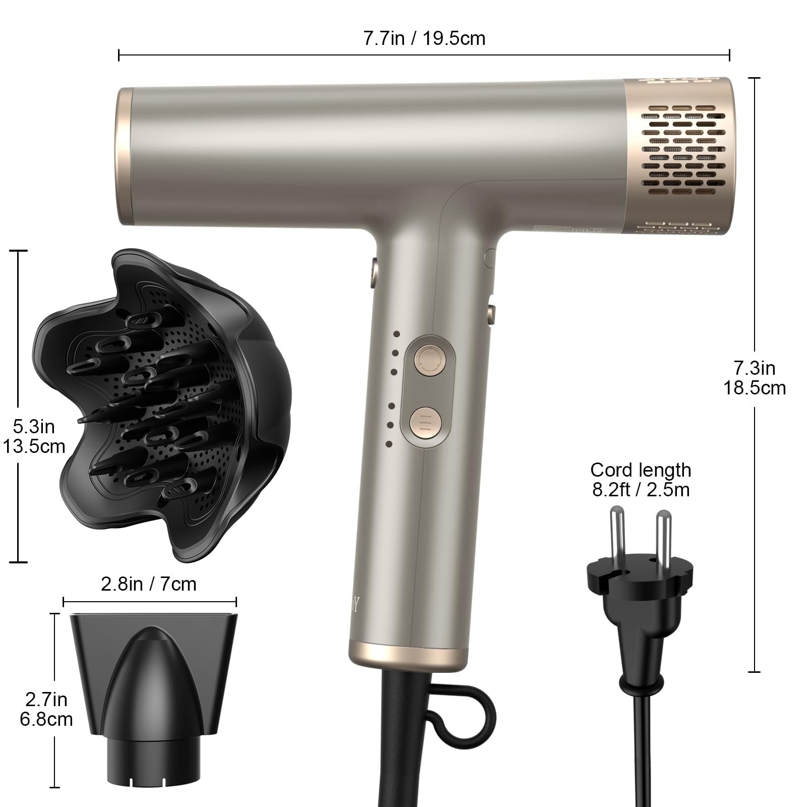 Фен YAPOY Professional з дифузором, 110 000 об/хв, висока швидкість, без пошкодження теплом, інтелектуальний контроль температури, сріблястий, фото №7