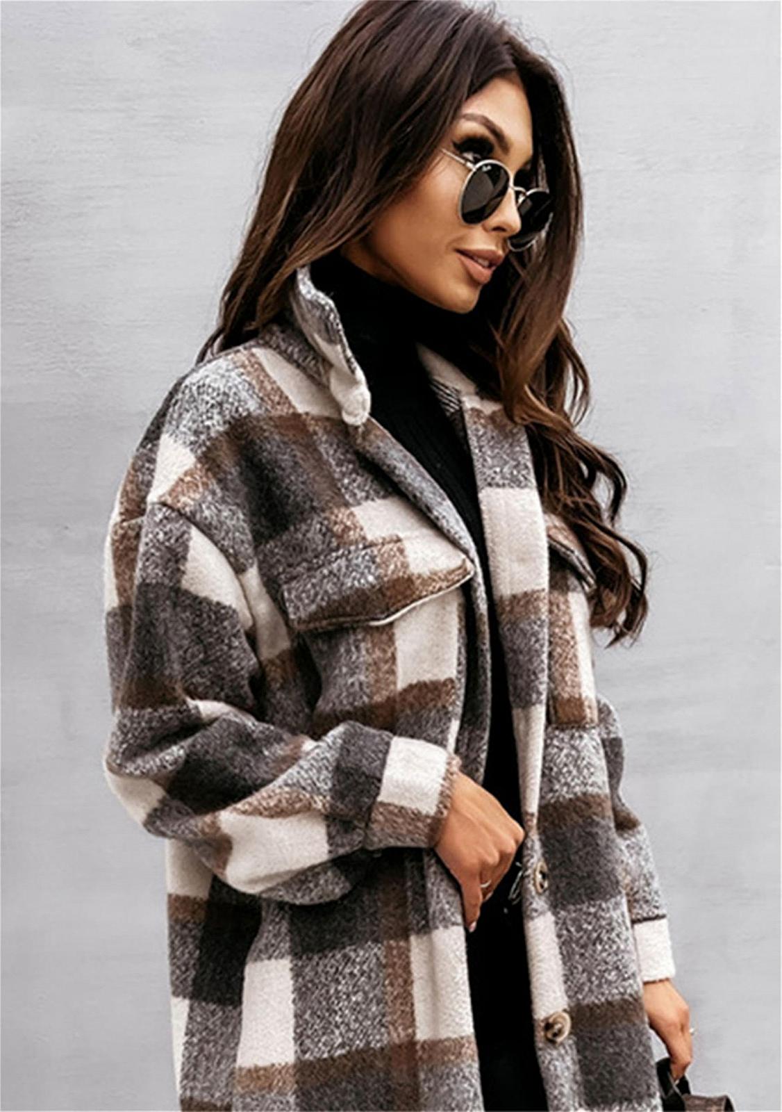 Пиджак Yming Женский Длинный с лацканами Винтажный в клетку с карманами, фото №3