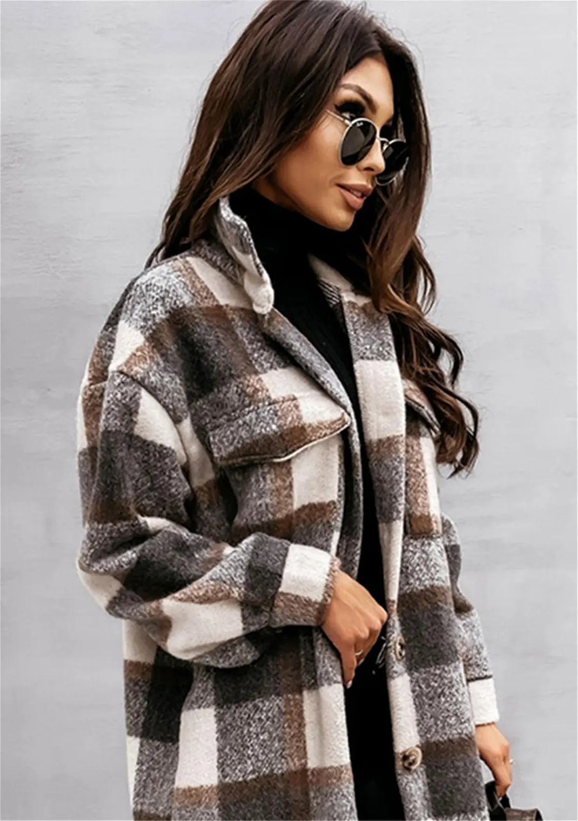 Пиджак Yming Женский Длинный с лацканами Винтажный в клетку с карманами, фото №3 Пиджак Yming Женский Длинный с лацканами Винтажный в клетку с карманами, фото №3