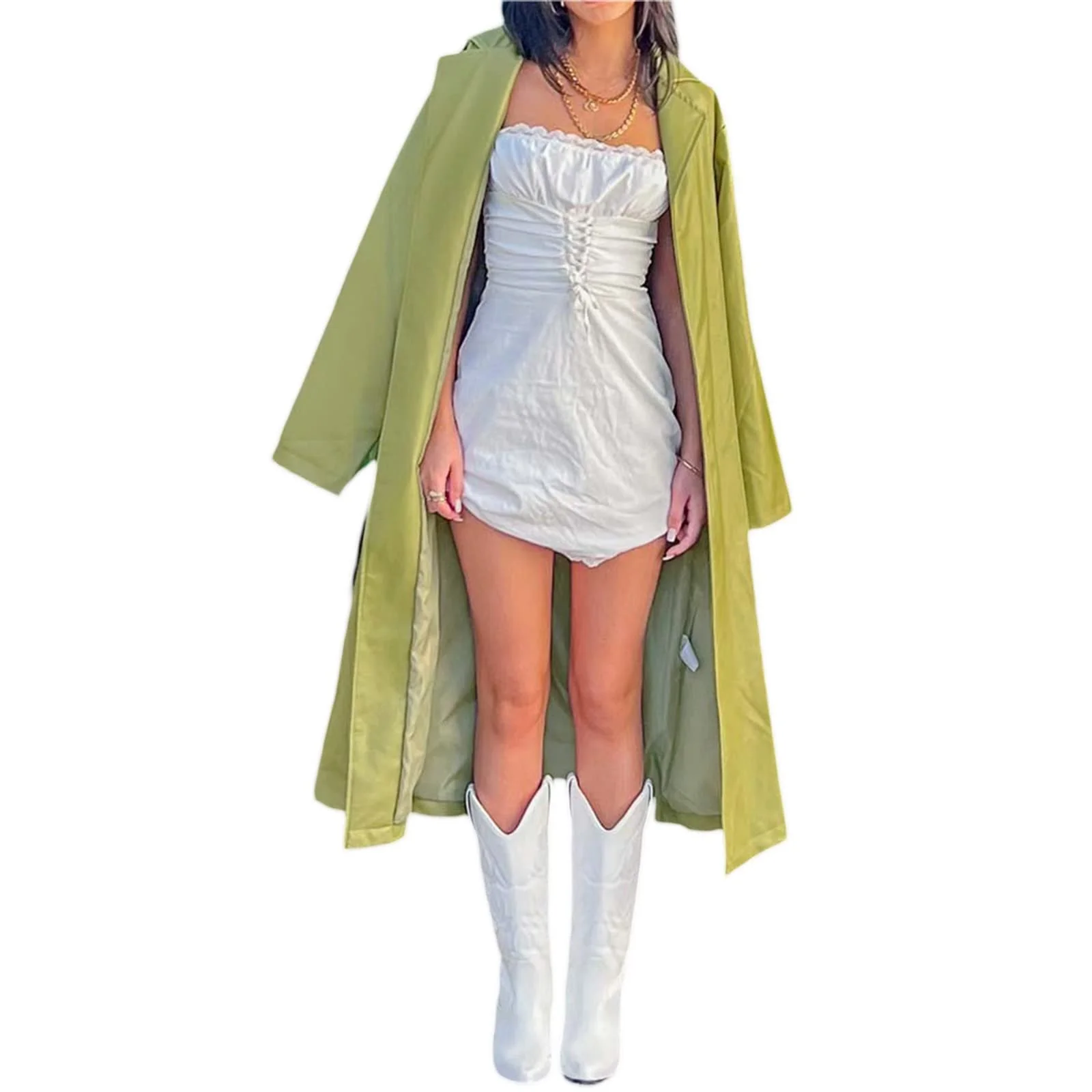 Жіноче повсякденне PU штучне шкіряне довге пальто-тренч вітрозахисне з поясом однотонне з лацканами, фото №4