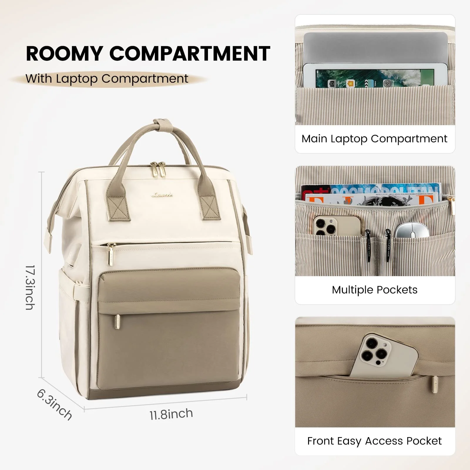 Рюкзак для ноутбука LOVEVOOK 15.6 дюймів Водонепроникний USB Charging Port Beige Grey, фото №3 Рюкзак для ноутбука LOVEVOOK 15.6 дюймів Водонепроникний USB Charging Port Beige Grey, фото №3