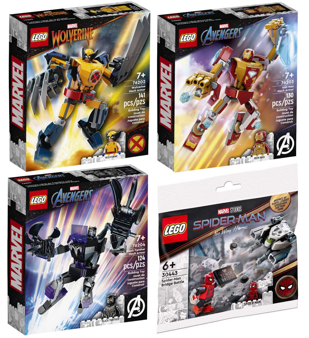 Набор Lego из 4: 76202 Wolverine Mech, 76203 Iron Man Mech, 76204 Black Panther Mech & 30443 Spider-Mans Bridge Duel, фото №1