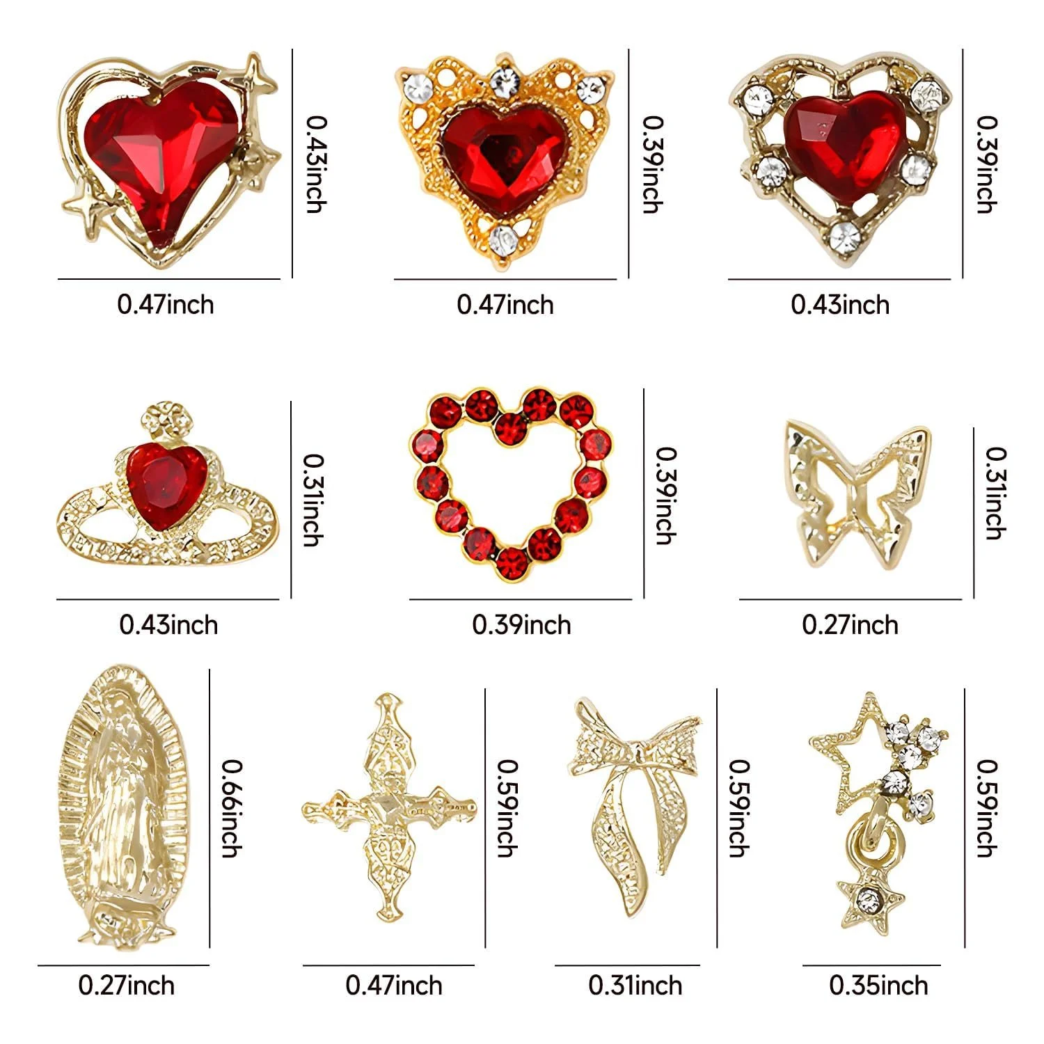 Набор шармов для ногтей 3D Gold Heart, Butterfly & Cross золотистые, фото №2