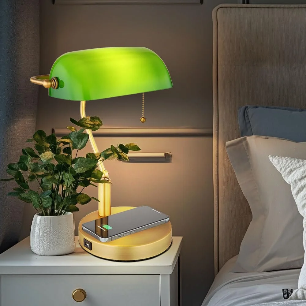 Настольная лампа GLOBO LIGHTING Banker Antique Brass Green, фото №3