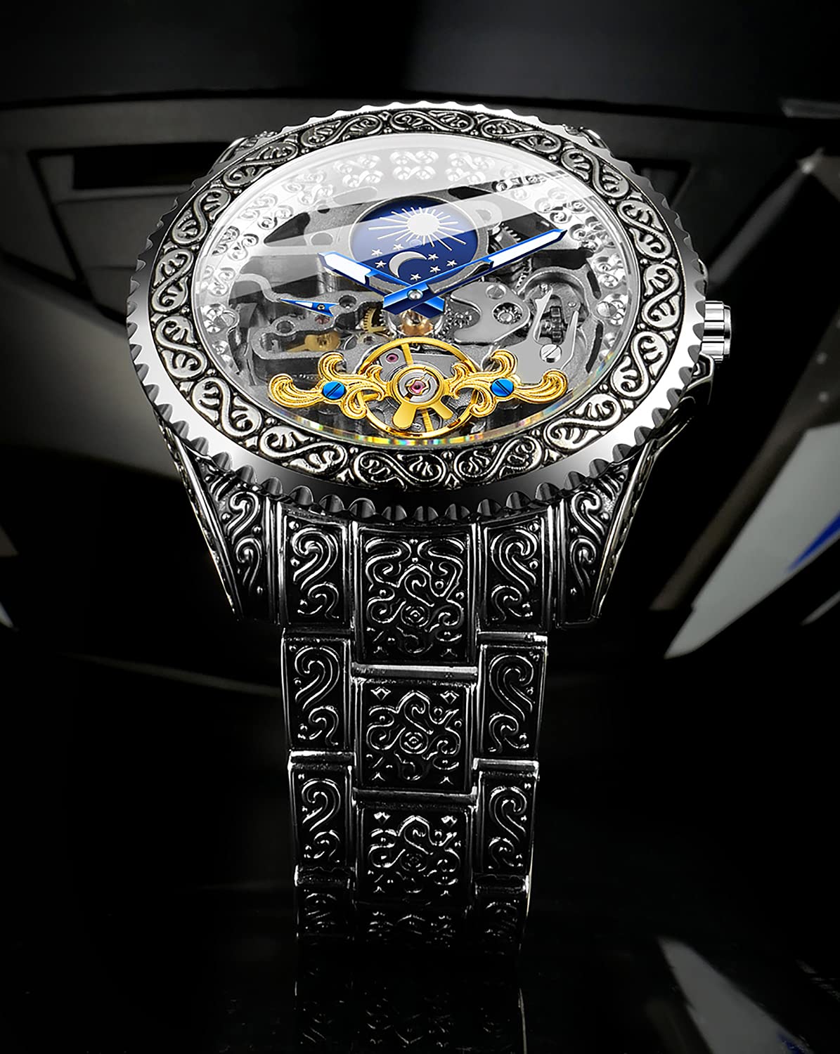 Часы FORSINING Retro Мужские Carved Self Winding Mechanical Tattoo Tourbillon Moon Phase Independent Second Skeleton Automatic Большой Циферблат Серебряный, серебряный, Браслет, фото №4