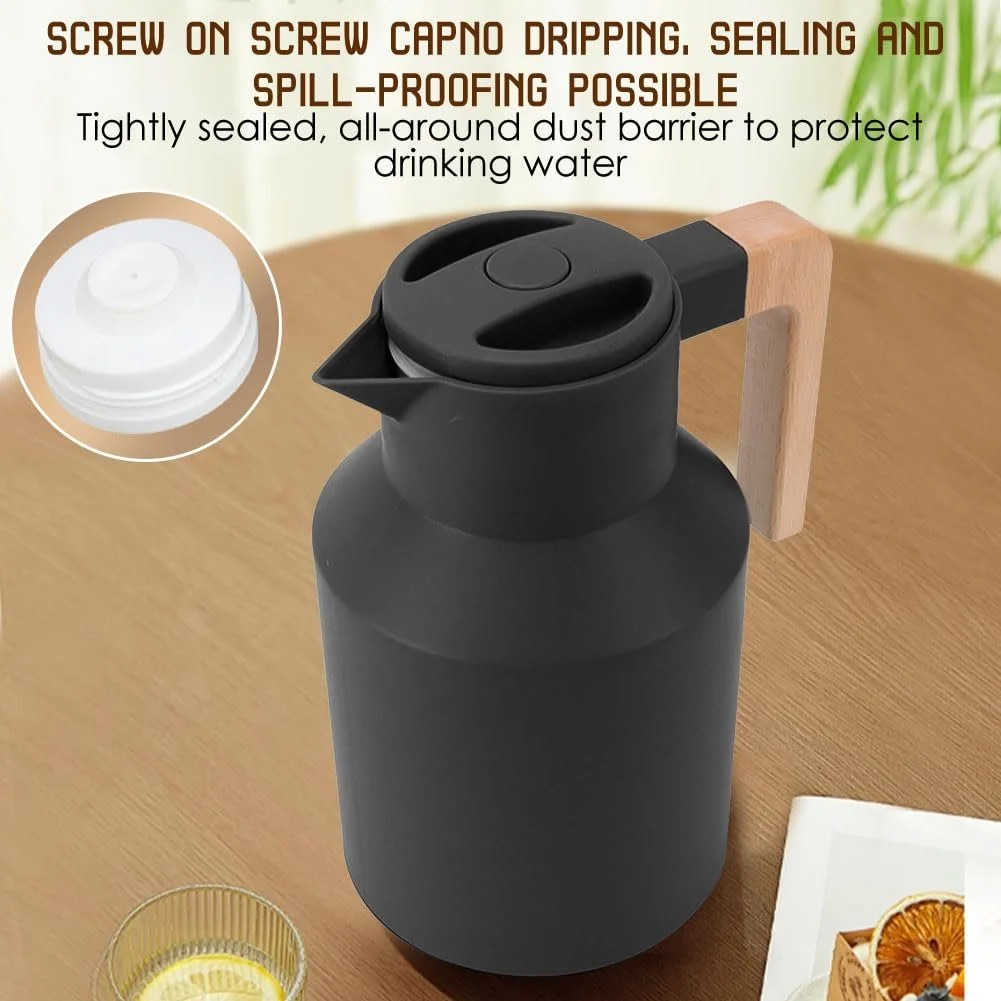 Термос для кави Tissting 1L, високоякісний термос-колба з подвійними стінками та буковою ручкою, фото №4