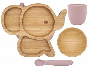 Набор для прикорма из бамбука и силикона Elephant: тарелка на присоске, бамбуковая миска, силиконовая чашка и ложка, розовый - Фото 1