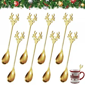Набор из 8 рождественских ложек, Ложка для смешивания в виде лося, Ложка из нержавеющей стали, Ложка в виде лося, Рождественская десертная ложка, Рождественская кофейная ложка, Ложка для торта, Чайная ложка, Рождественские столовые приборы для семьи (Золотой) - Фото 1