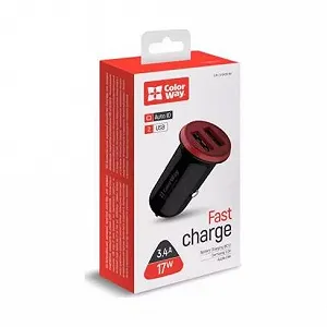 Зарядное устройство ColorWay 2USB AUTO ID 3.4A 17W red/black (CW-CHA026-BK) - Фото 1